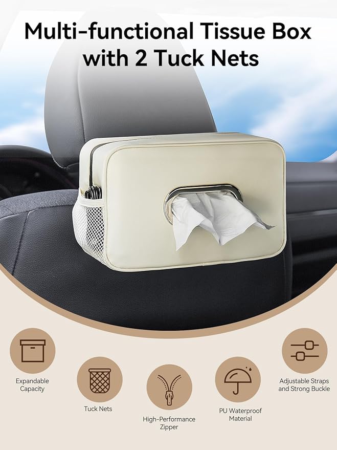 2 Pack Multi-Functional Car Tissue Holder with ‌2 Tuck Nets, Upgraded PU Leather Tissue Box Cover, Large Rectangle Napkin Storage Organizer, Keep Car Tidy, White