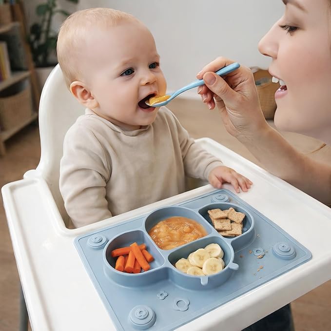 ROCCED Suction Plates for Baby Placemat Spoon Fork Set for Toddlers, Silicone Baby Plates with Suction Baby Dishes for Kids Plates-mustard