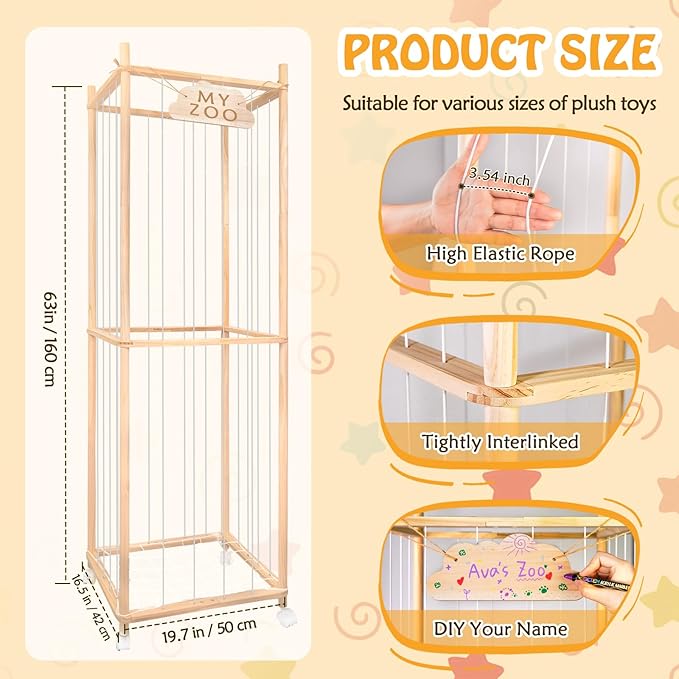 BETBEM Stuffed Animal Storage Zoo with Wheels, 64" Wooden Large Stuff Animals Plushies Holder Toy Organizer Kids Plush Storage Cage with Elastic Band and Net for Nursery Playroom Corner for Toddler
