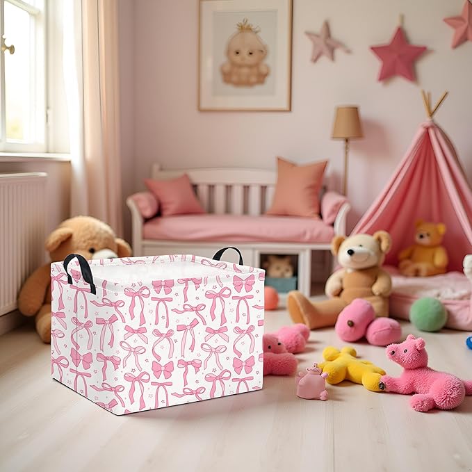 TIBAOLOVER Rectangular Kids Storage Basket for Home Kitchen Girls Cute Storage Bin Organizer Shelf Book Room Decor(Pink Bowknot)