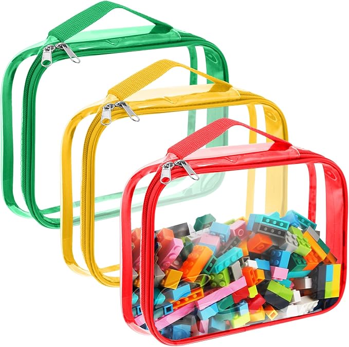 Sanwuta 3 Packs Toy Storage Bags with Zipper, Clear PVC Organizing Waterproof Toy Bags for Board Games, Building Blocks, and Kids Books(12.6 x 9 x 2.36 Inch,Red, Yellow, Green)