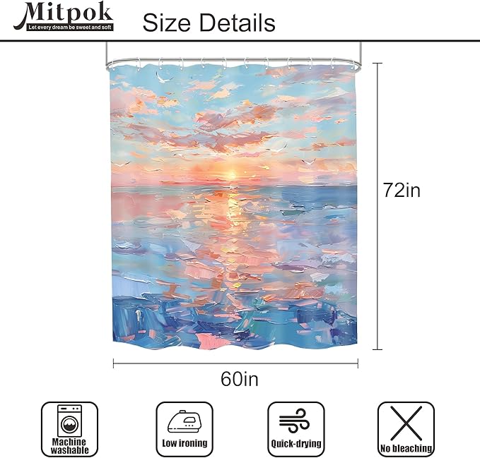 Beach Shower Curtain Ocean Beachy Abstract Blue Coastal Sunset Modern Sea Summer Nature Landscape Hawaii Seashore 60Wx72H Bathroom Decor Oil Painting Bath Curtain Fabric Polyester 12 Pack Hook