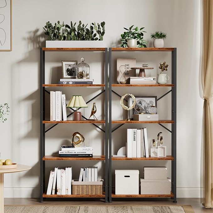 Furologee 5 Tier Book Shelf, Tall Wide Bookshelf, Industrial Open Bookcase, Display Shelves Storage Organizer, Shelving Unit for Living Room, Home Office, Bedroom, Rustic Brown