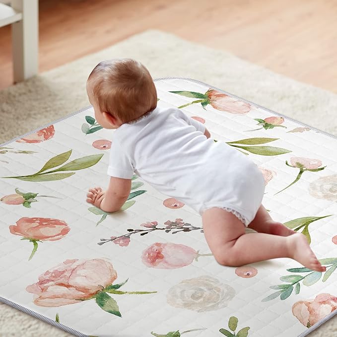 Funtery 43 x 43 Inch Boho Baby Play Mat Portable Crawling Washable Foldable Tummy Time Non Slip Baby Floor Large Playpen Mat for Infants Toddlers Floor Playpen Activity(Flower Theme)