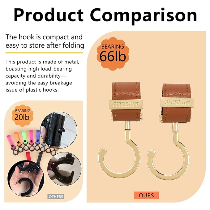 2 Pack Stroller Hooks,Strong Synthetic Leather Hook-and-Loop Fastener&High-Quality Metal Hooks,Universal Bag Clip|360° Rotation, 66lb Capacity,Non-Slip-Fits Wheelchair(Black-Silver Gray)