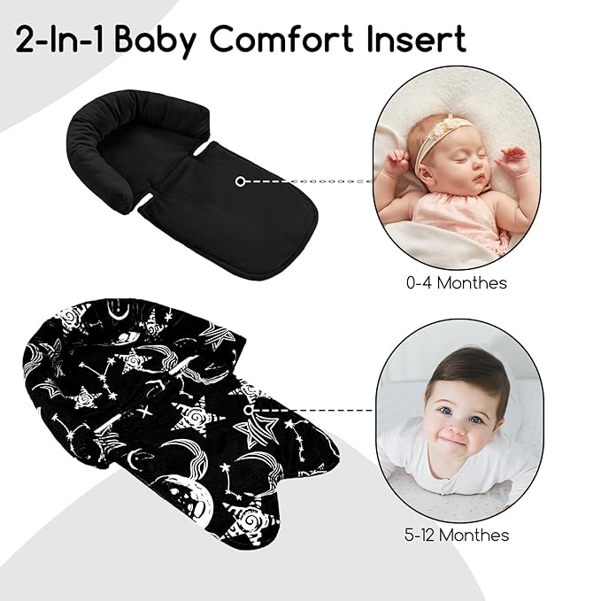 GFU Baby Car Seat Head Support for Newborn, 2 in 1 Infant Car Seat Head Body Support with Strap Pads, Soft Stroller Cushion Pillow Insert for Girls, Fits for Stroller, Swing, Black Star