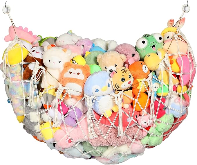 YECAYE Stuffed Animal Net, Room Decor Stuffed Animal Hammock, Upgraded 60 Inch for All Plush Dolls Organizer, Plushies Storage with Fully Handwoven Tassel, Cream White（1 pack） Mesh Bags