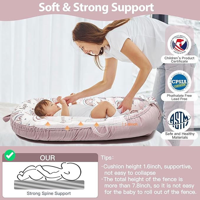 Baby Lounger-Breathable and Soft Organic 100% Cotton, Portable Infant Lounger with Removable Lounger Cover, Baby Nest Lounger for Newborn - Pink Rainbow