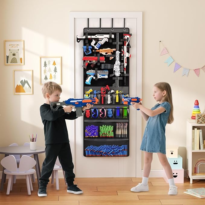 Mefirt Over The Door Organizer for Toy Guns, Toys Storage Door Hanger with Pockets and Slots for Kids Foam Blasters, Darts, Goggles, Over Door Toys Storage Organizer, for Kids Rooms, Game Rooms, Gray