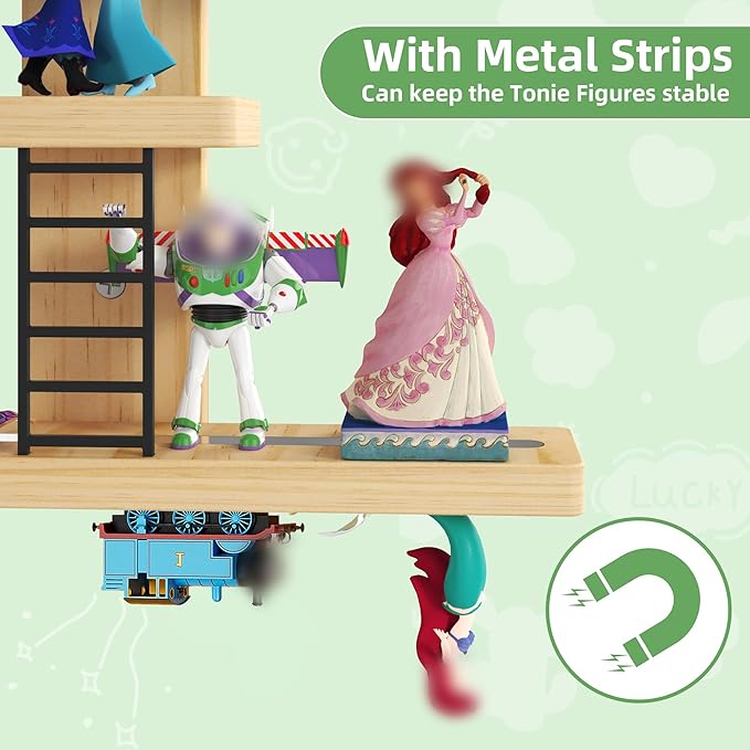 LUPWNEKA L-Shaped Tonies Shelf, 4-Tier Corner Floating Shelves for Tonies Figures (30-38 Character), Pine Wood Tonie Shelf Magnetic with MINI Ladder, Natural Display Shelves for Children Room