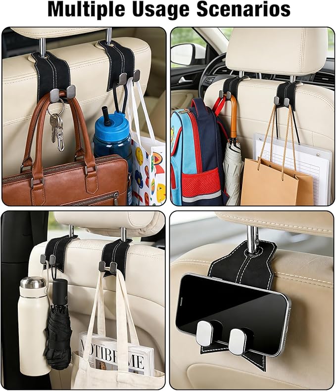 Purse Hook for Car, Car Hooks for Seat Headrest Metal & Premium Leather 2026 Latest, Auto Headrest Hanger Organizer Accessories for Purses and Bags, 2 Pack Black