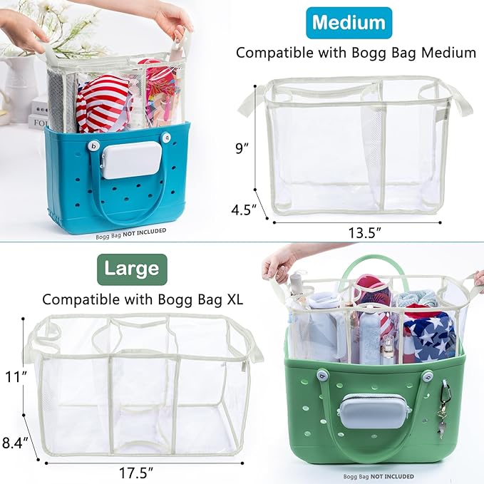 Clear Beach Bag Organizer Insert with 3pcs Accessories for Medium Bogg Bag Inserts -Beach Tote Bag Divider with Sunglasses Holder, Phone Holder and Clips Hooks - Beach Tote Insert Organizer Liner