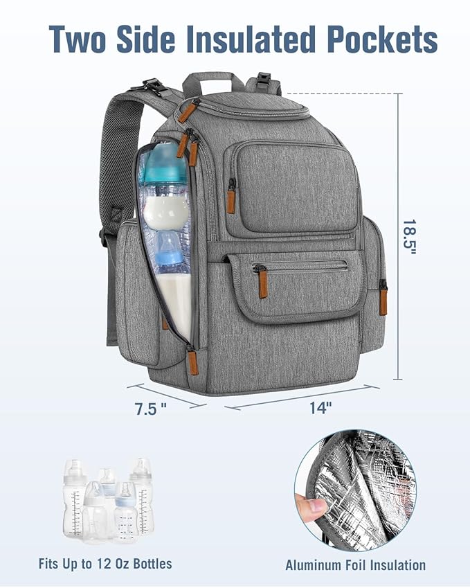 Mancro Diaper Bag Backpack, Multifunctional Baby Diaper Bag Backpack For Men Women with Stroller Straps, Travel Water Resistant Baby Diaper Backpack with 2 Side Insulated Pockets, White Grey