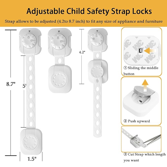 Fursafe&Q Child Safety Cabinet Locks, Baby Cabinet Locks Adhesive Adjustable Child Safety Strap Locks Drawer Fridge Ovens Toilet Latches No Screws for Furniture Kitchen White 2Pack