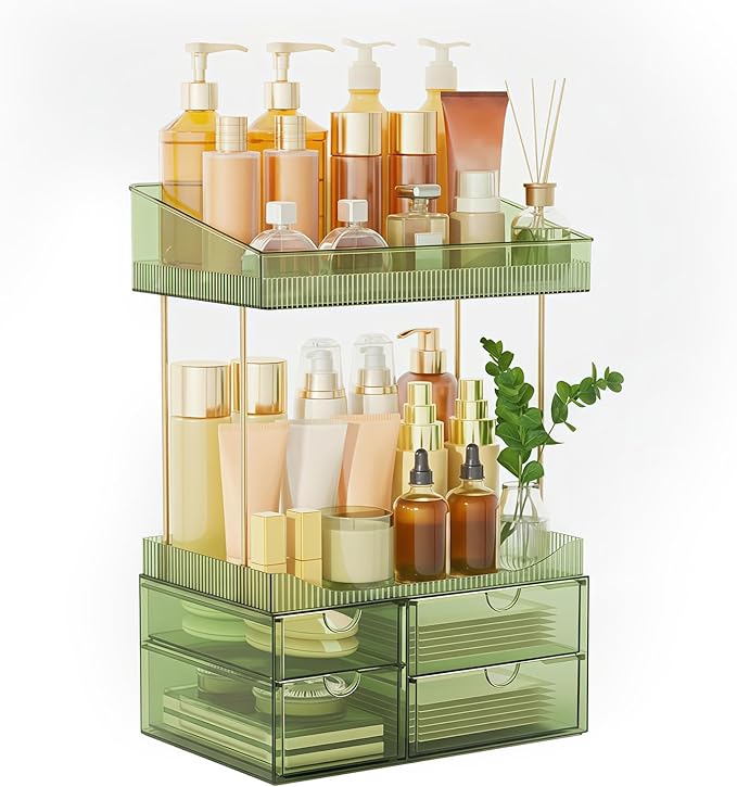 SNSLXH 4 Drawers Makeup Organizer - 4 Tier Makeup Storage, Cosmetics Organiser, Ideal for Cosmetic, 4 Dividers with Drawers for Countertop, Bathroom, Office Supplies, Dresser Transparent Green