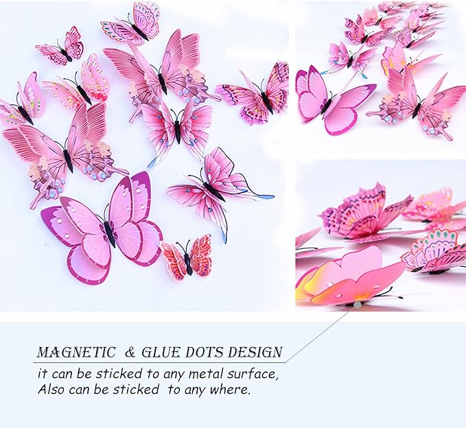 OPSEAM Butterfly Wall Decor 72 PCS, 3D Butterflies Stickers for Party Decorations with Magnets(Pink, 72)