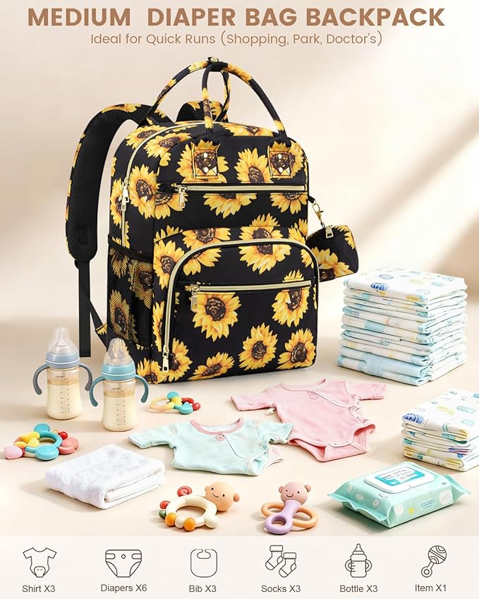 Pritent Diaper Bag Backpack,Baby Essentials Diapers Bag with Pacifier Case,Multipurpose Stylish Large Capacity Travel Backpack for Baby Girl/Boy(M-Sunflower)