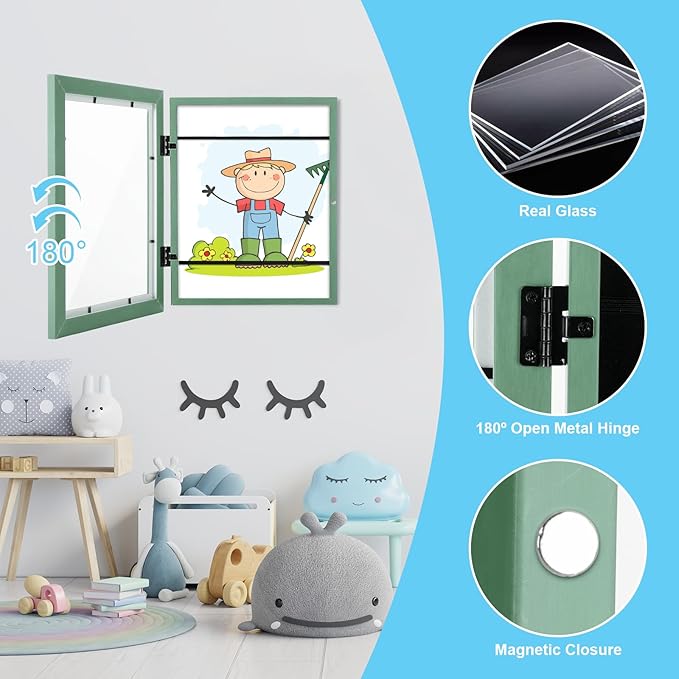 [2-Pack] Kids Art Frames, 8.5x11 Front Opening Kids Artwork Frames Changeable, Olive Green Artwork Display Storage Frame for Wall, Holds 50 Pcs, for 3D Picture, Crafts, Children Drawing, Hanging Art,