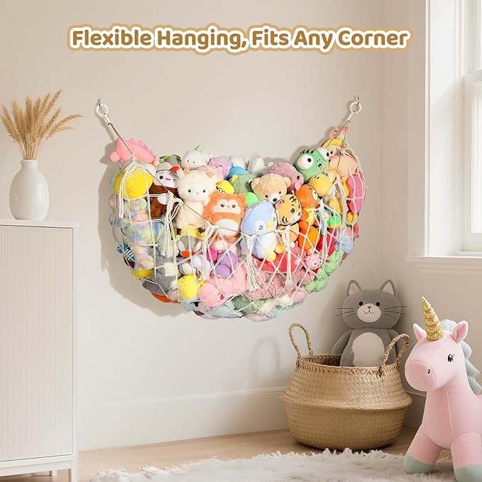 YECAYE Stuffed Animal Net, Room Decor Stuffed Animal Hammock, Upgraded 60 Inch for All Plush Dolls Organizer, Plushies Storage with Fully Handwoven Tassel, Cream White（1 pack） Mesh Bags