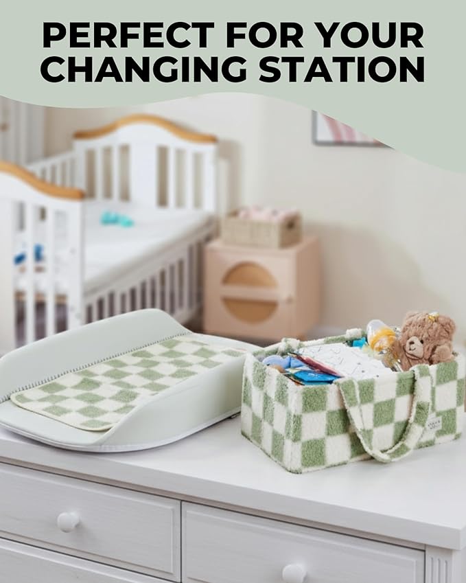 Toodly Checkered Diaper Caddy Organizer with Portable Changing Mat - Teddy Fleece Diaper Organizer for Changing Table - Caddy Organizer with Removable Dividers - Green and White