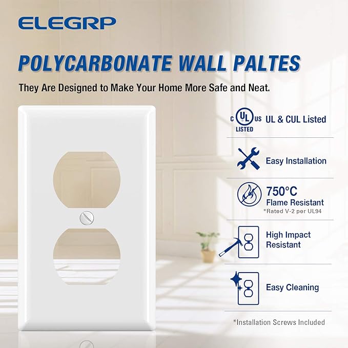 ELEGRP Duplex Receptacle Outlet Covers, 1-Gang Standard Size Wall Plates, Unbreakable Polycarbonate Dual Outlet Faceplates Covers, UL Listed, Color-matched Screws Included (100 Pack, Glossy White)