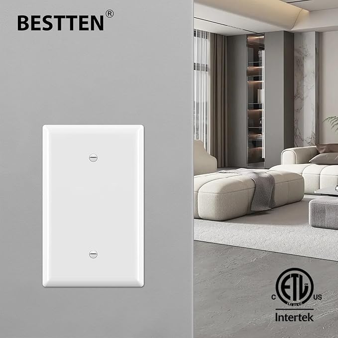 BESTTEN 10 Pack 1-Gang Oversized Blank Wall Plate, Unbreakable Polycarbonate Receptacle Outlet Cover, Gloss Finish, White, ETL Listed