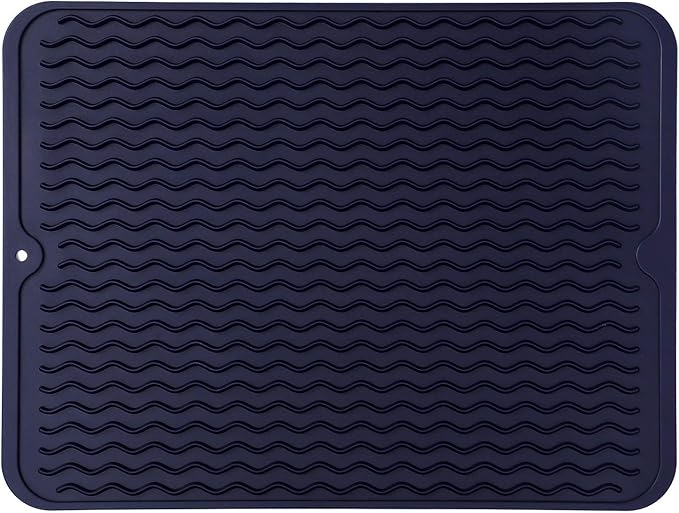 MicoYang Silicone Dish Drying Mat for Multiple Usage,Easy clean,Eco-friendly,Heat-resistant Silicone Mat for Kitchen Counter or Sink,Refrigerator or drawer liner Navy Blue L 16 inches x 12 inches