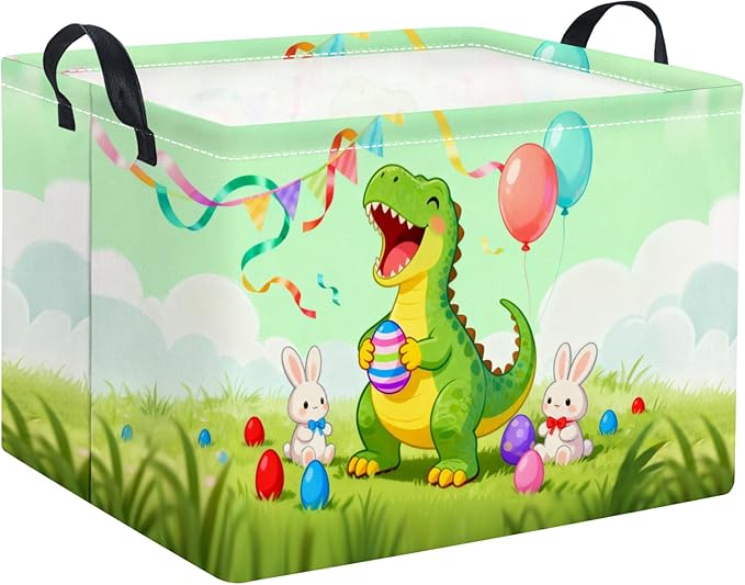 TIBAOLOVER Rectangular Easter Basket for Home Kitchen Baby Girls Basket Cute Storage Bin Organizer Shelf Book Room Decor(Happy Dinosaur)