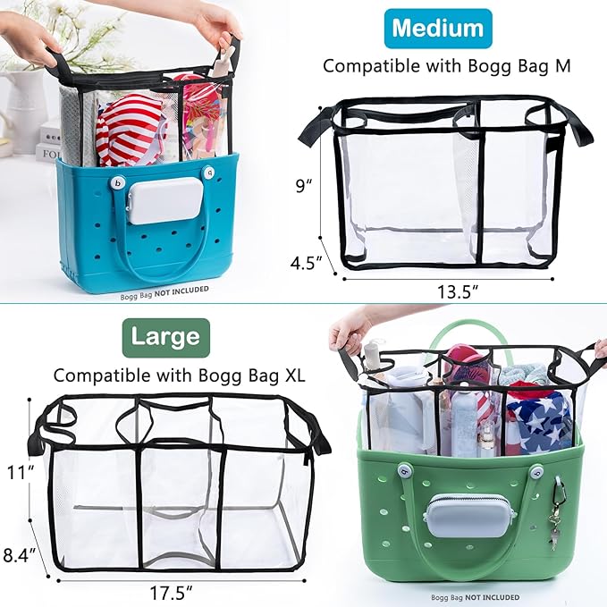 AMOIGEE Clear Beach Bag Organizer Insert with 3pcs Accessories for XL Bogg Bag Inserts - Tote Bag Divider with Sunglasses Holder, Phone Holder and Clips Hooks - Beach Tote Insert Organizer Liner