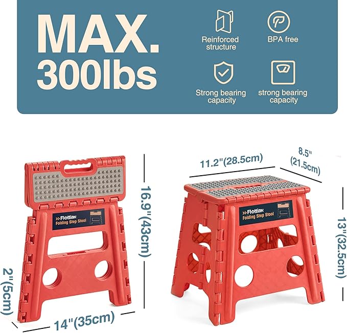 Flottian 13" Folding Step Stool for Adults and Kids Holds Up to 300 lbs,Non-Slip Folding Stools with Handle, Compact Plastic Foldable Step Stool for Bathroom,Bedroom, Kitchen Coral,1PC