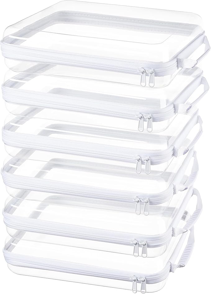 6-Pack Extra Large Clear Hard Shell Zipper Cases with Handles, Clear Zipper Storage Bags for Bulk Organization, Stackable Travel Organizer, Cosmetic Bags, Transparent Diaper Bag, Storage Cases(6XL)