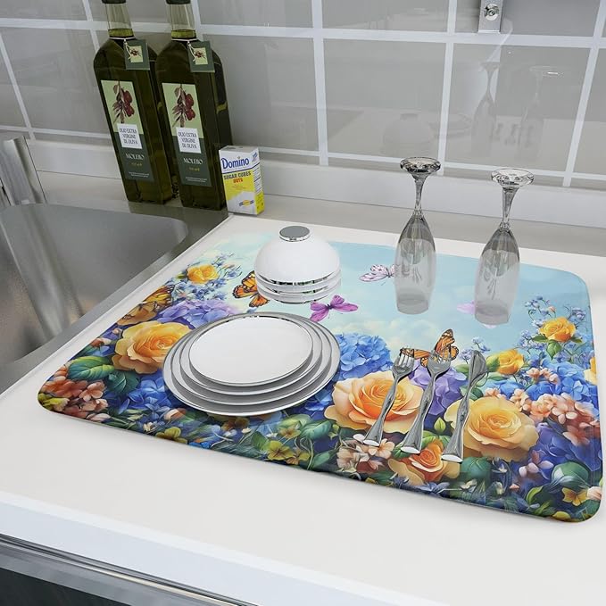 Spring Blue Yellow Hydrangeas Flowers Dish Drying Mat for Kitchen Counter,Colorful Butterflies Flying Drying Mat 18 x 24 Inch with High Absorbent Microfiber Drainer Mat for Coffee Bar