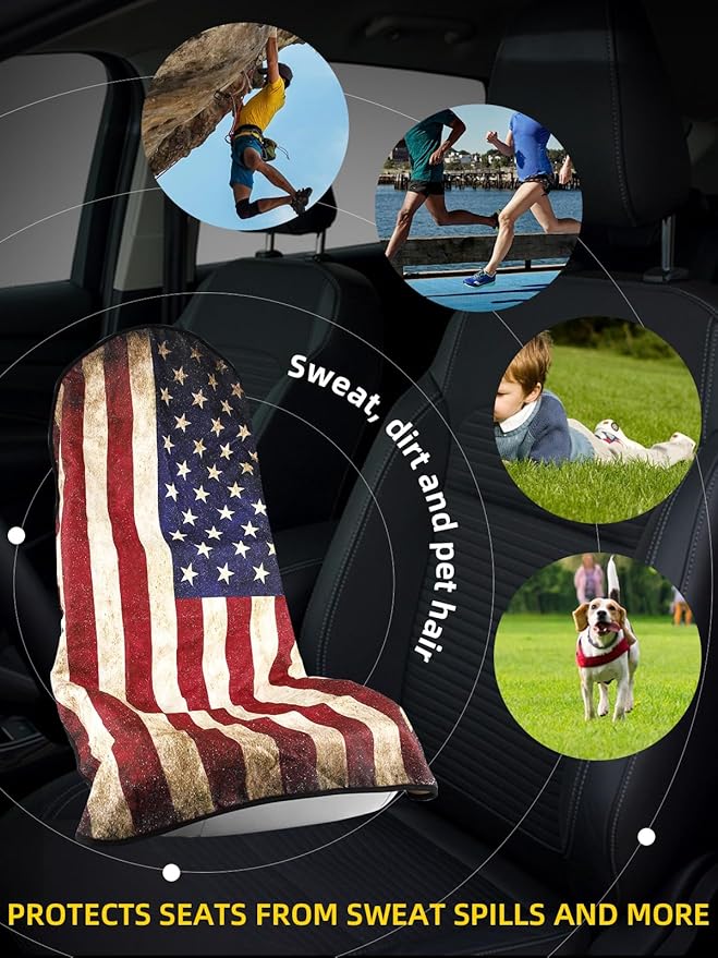 ZIMABLUE Towel Seat Cover - Waterproof Terry Cloth Front Seat Protector for Gym and Beach, Sweat-Absorbent, Non-Slip(American Flag,2 Pack)