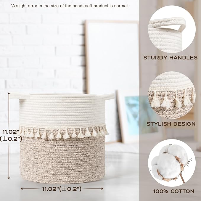 danpinera 11 Inch Storage Baskets Set of 3, Cotton Woven Baskets for Storage with Strong Handles & Stylish Tassel, Storage Bins, Decorative baskets for shelves, Nursery, Laundry, White & Mixed Brown