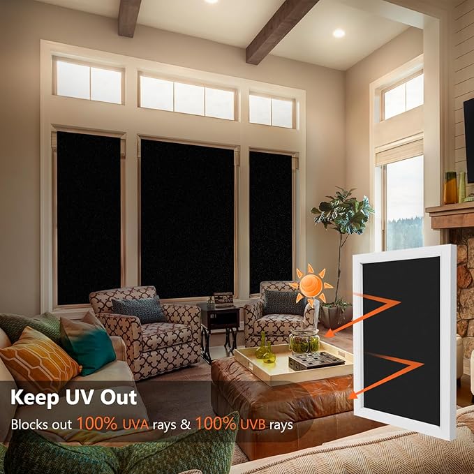 Kromapolis Blackout Window Privacy Film Total Light Blocking Room Darkening Window Covering, Removable Static Cling Frosted Glass Tint, Non-Adhesive, Black 17.5'' x 157.4''