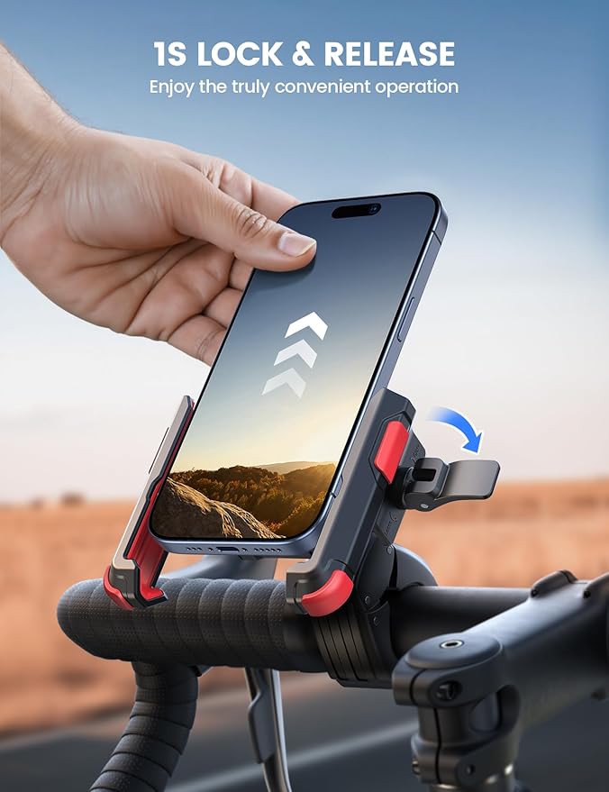 Lamicall Motorcycle Bike Phone Mount - [1s Quick Release] Bike Cell Phone Holder Clip, Bicycle Scooter Handlebar Clamp, for iPhone 17 16 15 14 Pro Max, Galaxy S25 S24 Ultra, 4.7-7" Phones, Red