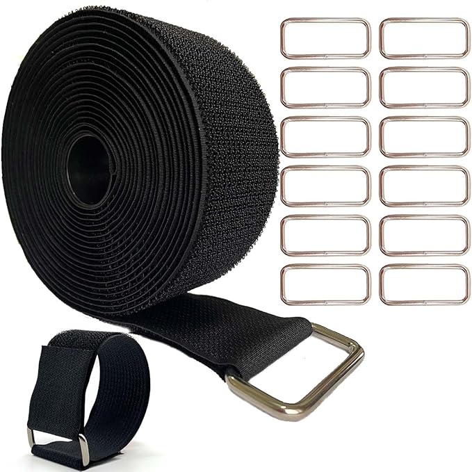 Wide 2" ×16 Ft Long Hook and Loop Cable Straps with 12 Heavy Metal Buckles, Adjustable Nylon Tie Down Straps,Free Cut Length and Width, Reusable, Black