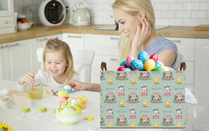 HKEC Rectangle Green Easter Basket Empty,Easter Gift Bakset for Egg Hunting,Books Bin with Handles,Room Decor(Pale Green Easter Basket)