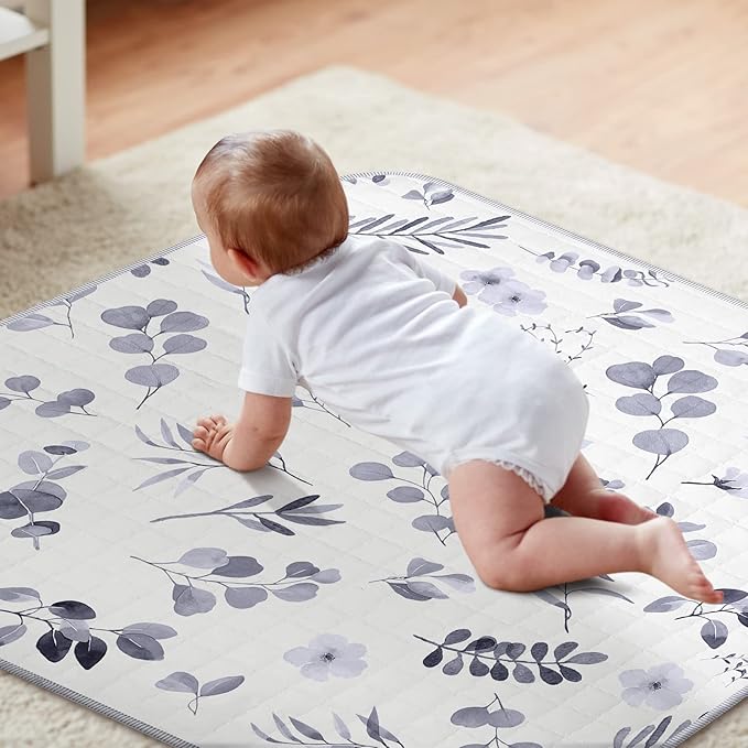 Funtery 43 x 43 Inch Boho Baby Play Mat Portable Crawling Washable Foldable Tummy Time Non Slip Baby Floor Large Playpen Mat for Infants Toddlers Floor Playpen Activity(Watercolor Leaf)