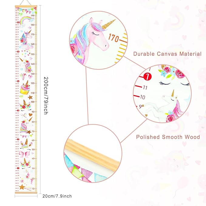 Mibote Baby Growth Height Chart Handing Ruler Wall Decor for Kids, Canvas Removable Height Growth Chart 79" x 7.9" (Unicorn)
