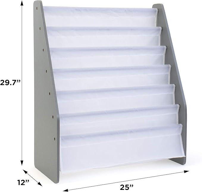 Humble Crew Kids Bookshelf 6-Tier Book Rack Organizer, Extra Large Toddler Bookcase with Fabric Storage Pockets, Front-Facing Display for Children’s Books, Grey/White, Nursery & Playroom Storage