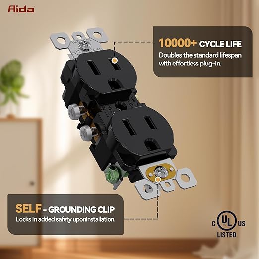 AIDA Duplex Receptacle Wall Outlet, Residential, 3-Wire, Self-Grounding, 15Amp 125V, UL Listed, Push & Side Wire, Black (10 Pack)