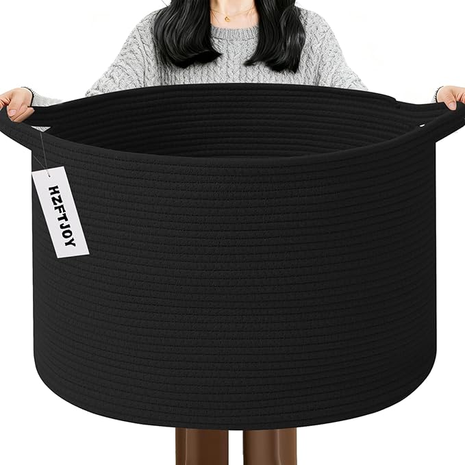 Large Storage Basket with Handle,19.7" L x 19.7" W x 13" H Blanket Basket Storage Bins for Organizing,65L Cotton Rope Woven Baskets for Living Room, Nursery,Bedroom,Black