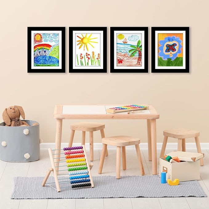 Americanflat - 4 Pack - Kids Artwork Frame Changeable (Black) - Magnetic Door Holds 100 Art Pieces - 8.5x11 Letter Size Display with Mat or 10x12.5 Without Mat - My Mini Masterpiece