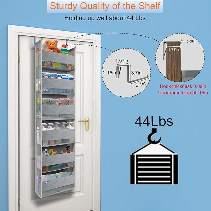 roomtalk Extra Large Over The Door Organizer Storage 6-Shelves and 12 Side Pockets, Heavy Duty Hanging Door Organizer for Closet Bathroom Bedroom Nursery Pantry, Grey