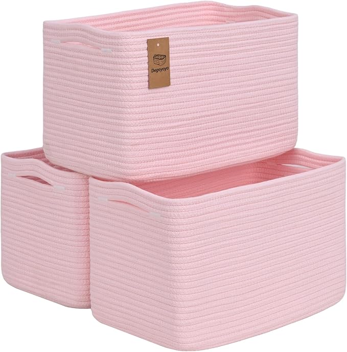 Degeyoyo Woven Storage Baskets, Pink Baskets for Organizing, 3 Pack Woven Basket for Storage, Storage Baskets for Shelf, Towel, Toy, Book, Closet, Baby 15"×10"×9"
