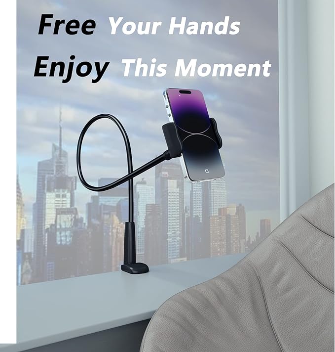 MAGIPEA Cell Phone Clip Bed Stand Holder, with Grip Flexible Long Arm Gooseneck Bracket Mount Clamp for Desk, Compatible with iPhone 17/16 Pro Max, 15, 14 or Other 3.5-7" Devices (Black, 34in)