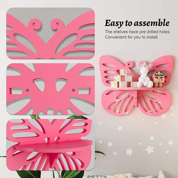 2-Tier Butterfly Wall Shelf - Nursery Decor Pink Floating Corner Shelves, Cute Wall Display Rack Bookshelf for Kid’s Room, Solid Wood Hanging Hollow Out Shelf for Toys, Plants and Decorations Storage