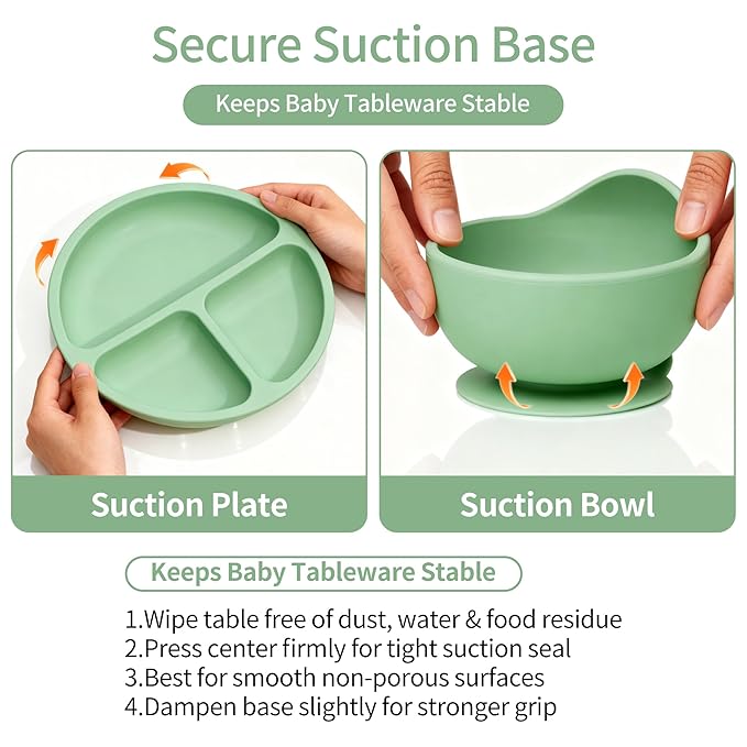 16 Pack Silicone Baby Feeding Set, BPA-Free Baby LED Weaning Supplies, Include Suction Plates, Baby Bowls, Silicone Fork & Spoon, and More, First Stage Baby Food Eating Utensils - 6+ Months(Green, 16)