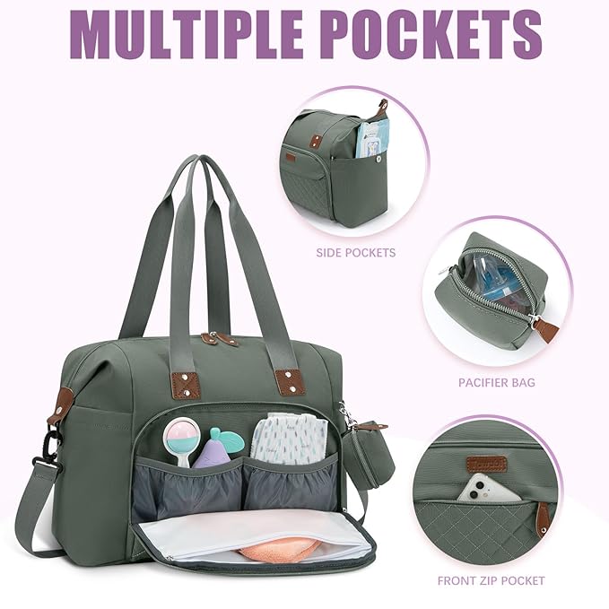 Tuwubi Diaper Bag Tote,Baby Diaper Bag with Pacifier Case Large Travel Diaper Tote Caddy for Mom and Dad Multifunction Baby Bag - M-Olive Green